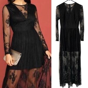 Black Lace Sheer Longsleeve Maxi Dress Whimsigoth Fairy Grunge Vamp Ethereal XS